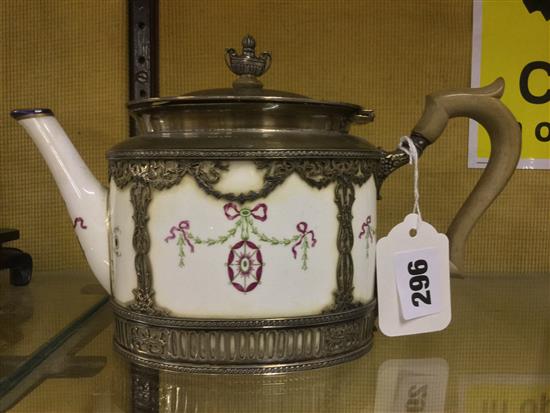 Royal Worcester swag-decorated teapot, c 1904 (a.f), with silver mounts & scrolled overlay, William Comyns, London 1916